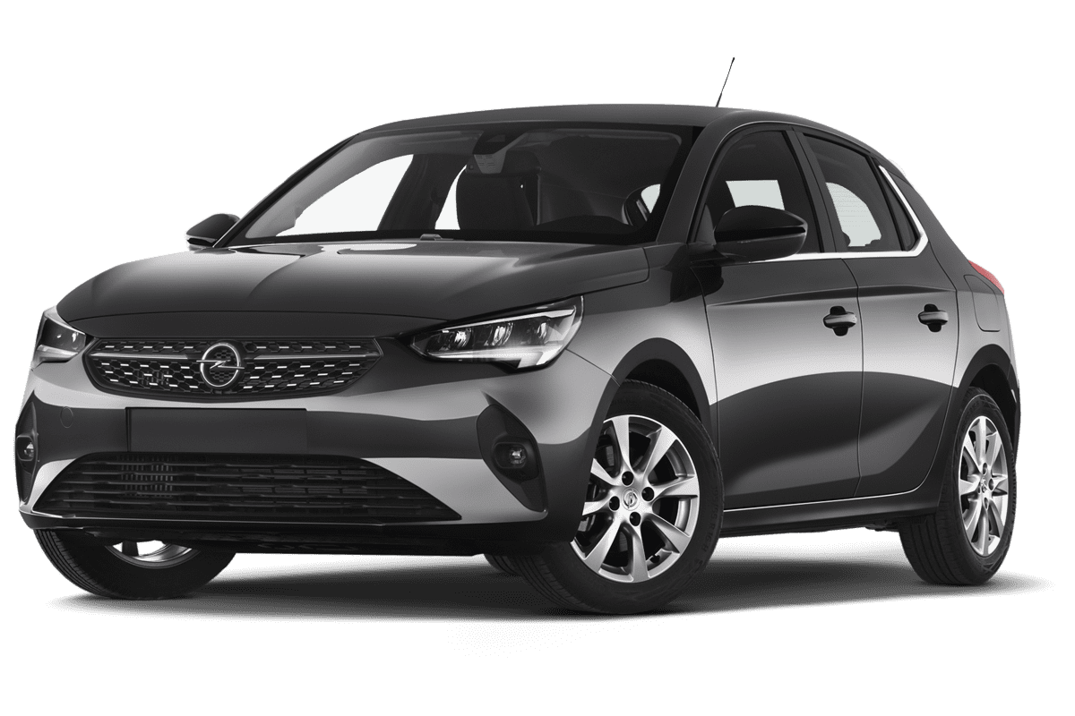 Tiefe, schräge Heckansicht eines Opel Corsa 40 Jahre, freigestellt