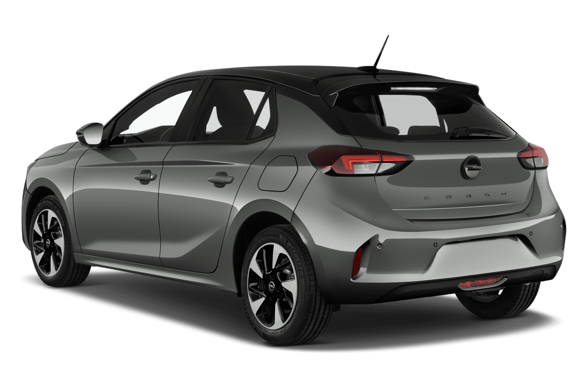 Schräge Heckansicht eines Opel Corsa Electric, freigestellt (KI-generiert)