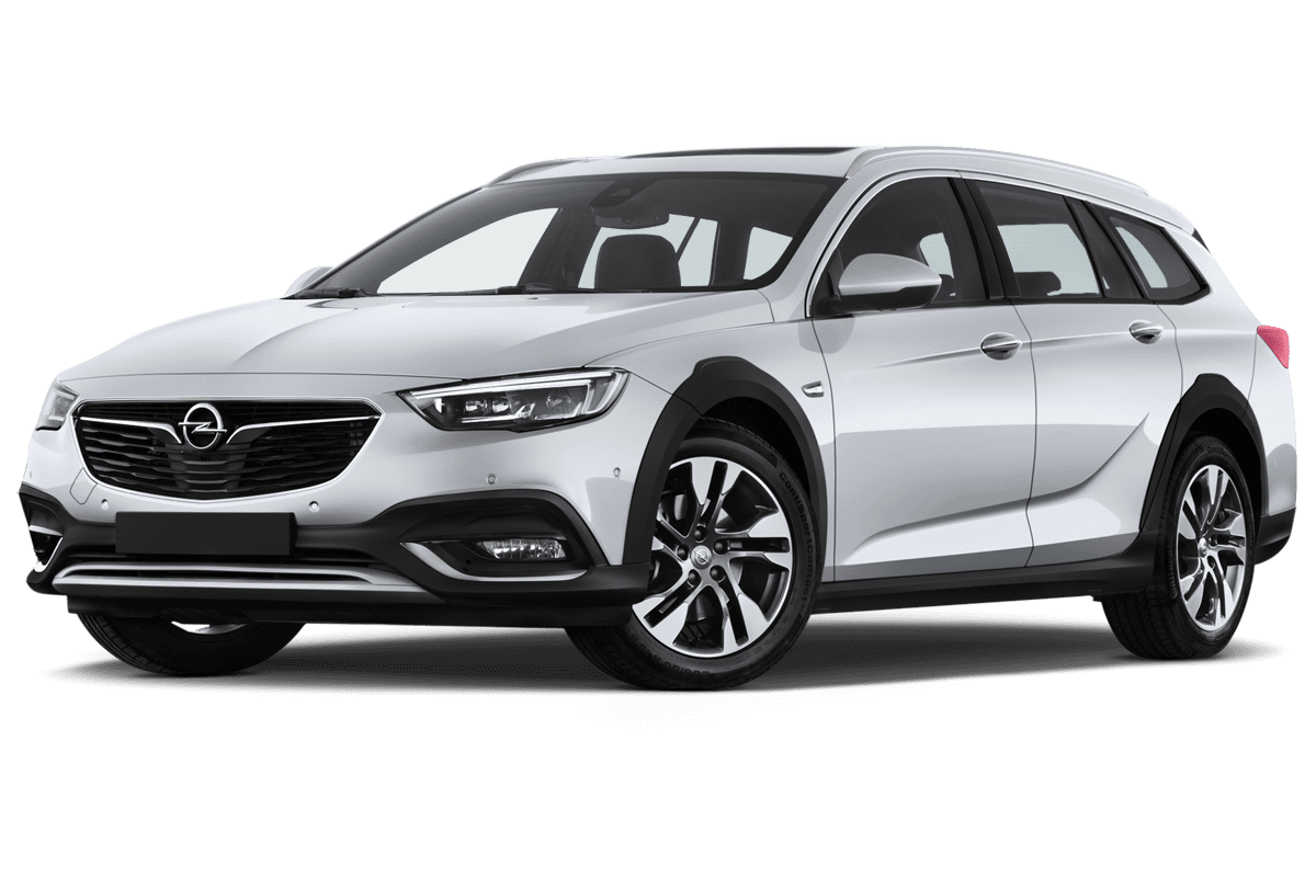 Tiefe, schräge Heckansicht eines Opel Insignia Country Tourer, freigestellt