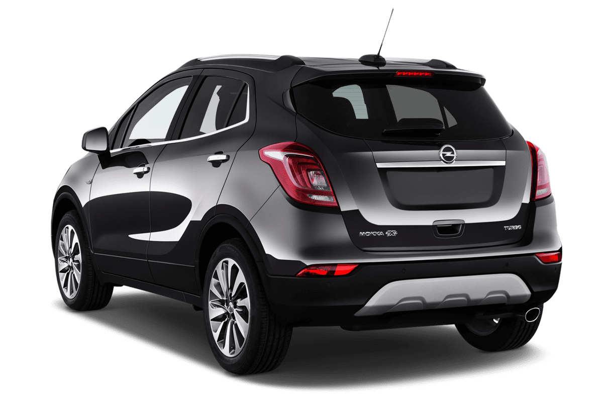 Schräge Heckansicht eines Opel Mokka X LPG, freigestellt