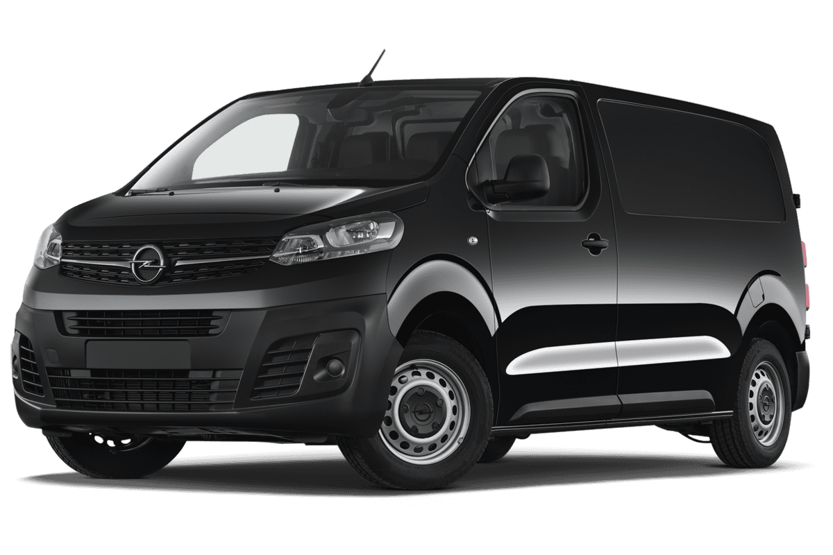 Tiefe, schräge Heckansicht eines Opel Vivaro Kastenwagen, freigestellt