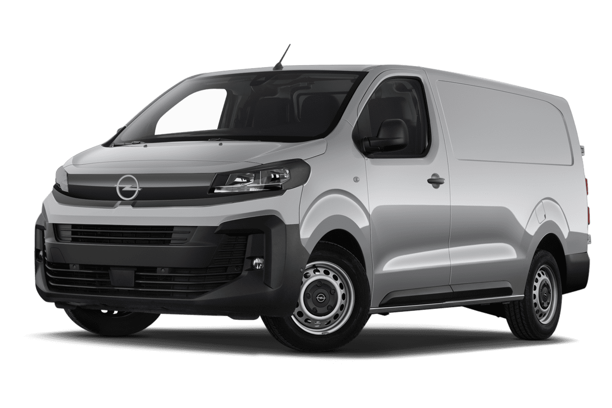 Tiefe, schräge Heckansicht eines Opel Vivaro Kastenwagen, freigestellt