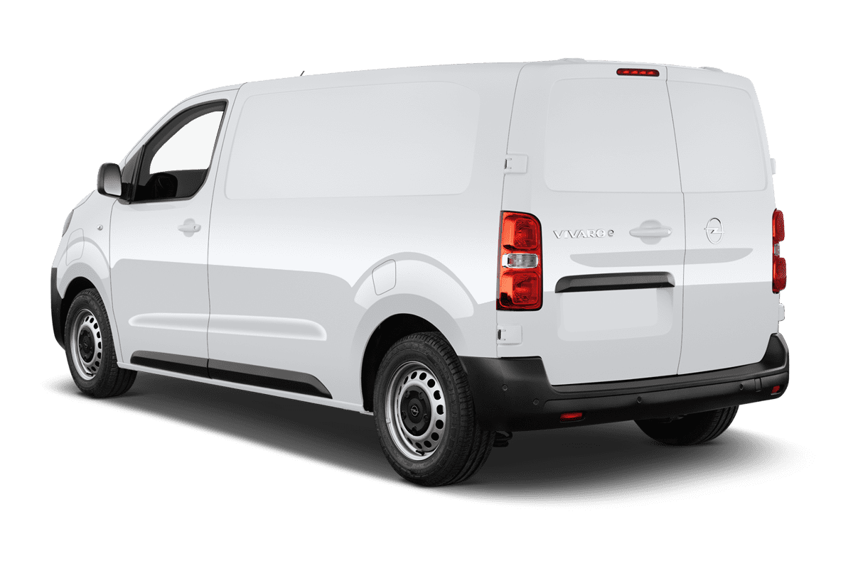 Schräge Heckansicht eines Opel Vivaro-e Kastenwagen , freigestellt