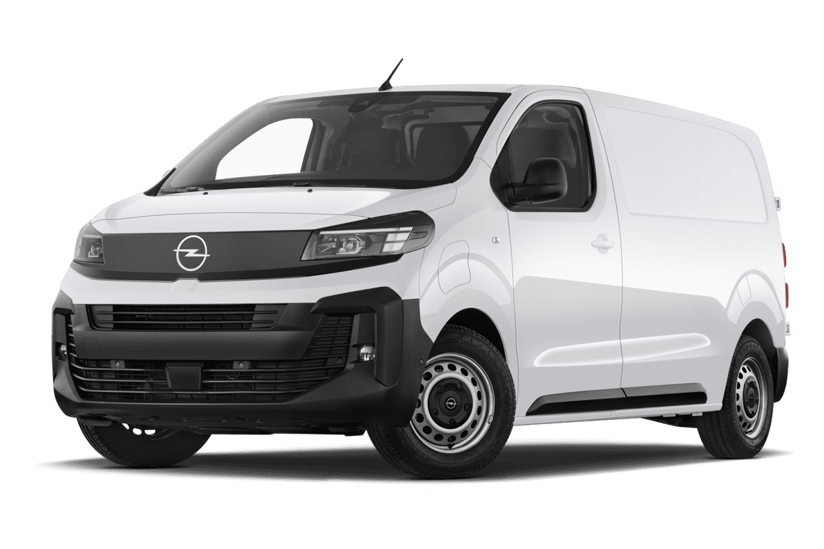 Tiefe, schräge Heckansicht eines Opel Vivaro-e Kastenwagen , freigestellt