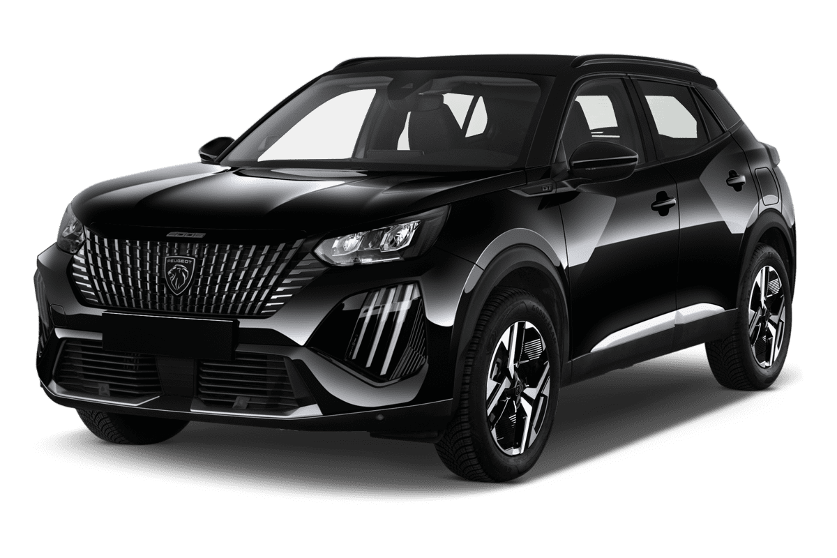 Schräge Frontansicht eines Peugeot 2008 Hybrid, freigestellt