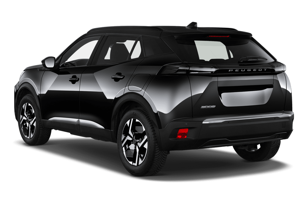 Schräge Heckansicht eines Peugeot 2008 Hybrid, freigestellt