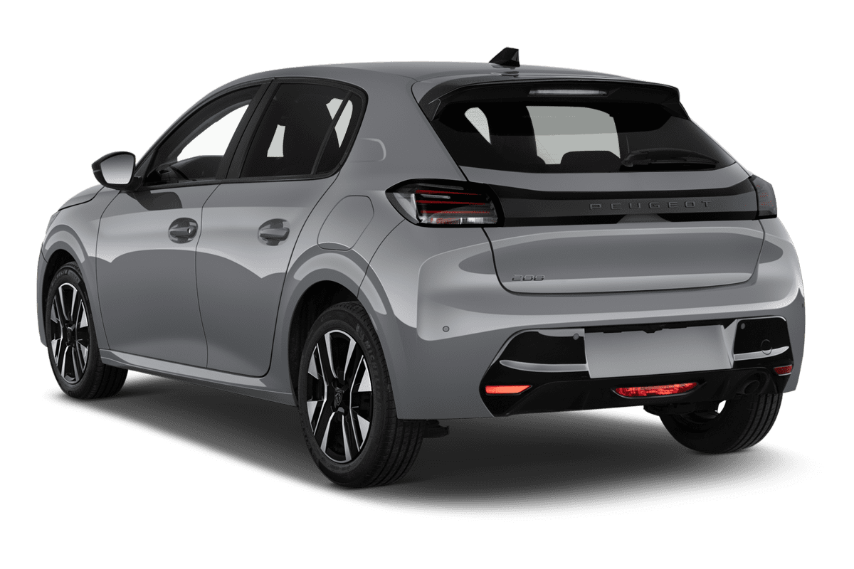 Schräge Heckansicht eines Peugeot 208, freigestellt