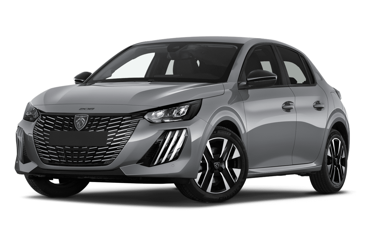 Tiefe, schräge Heckansicht eines Peugeot 208, freigestellt