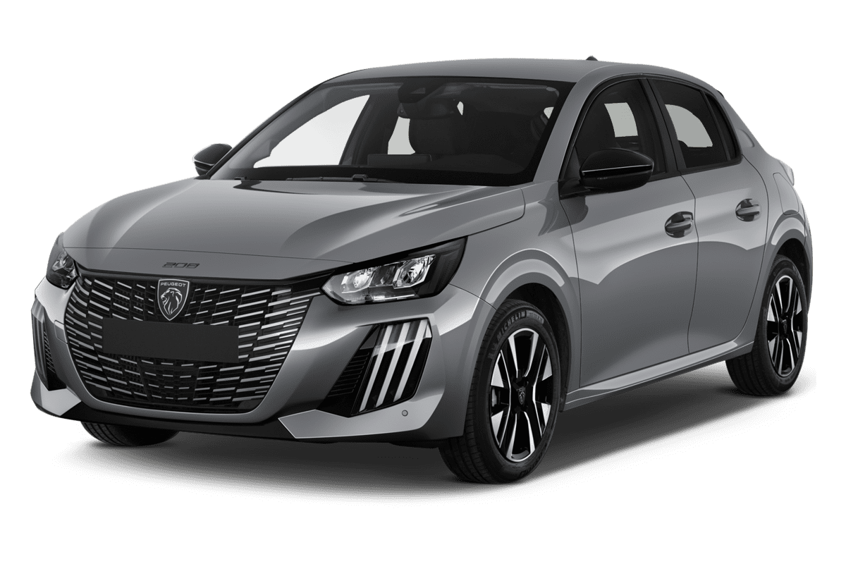 Schräge Frontansicht eines Peugeot 208 Hybrid, freigestellt