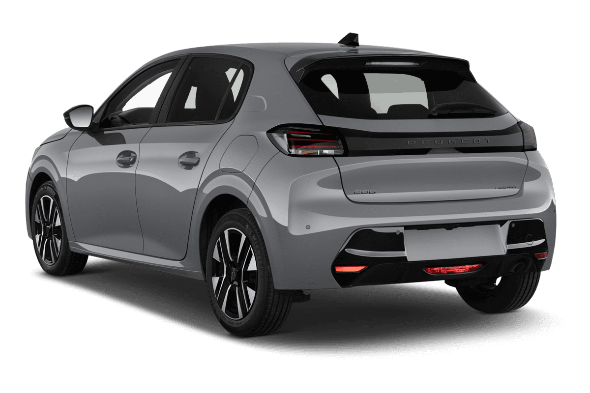 Schräge Heckansicht eines Peugeot 208 Hybrid, freigestellt