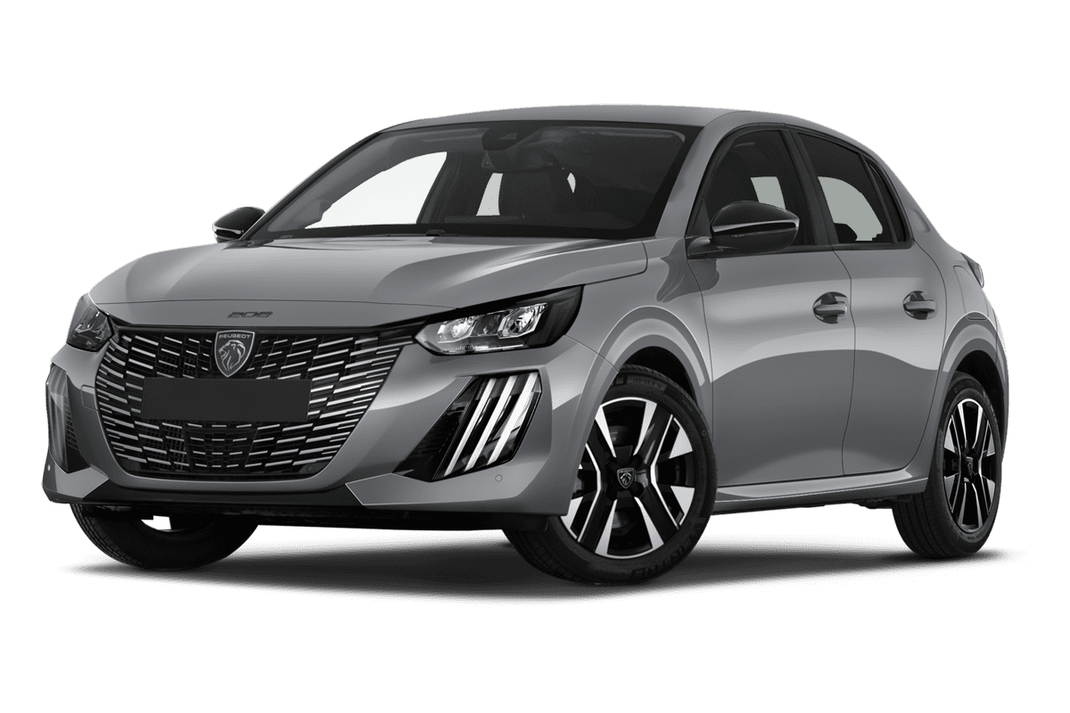 Tiefe, schräge Heckansicht eines Peugeot 208 Hybrid, freigestellt