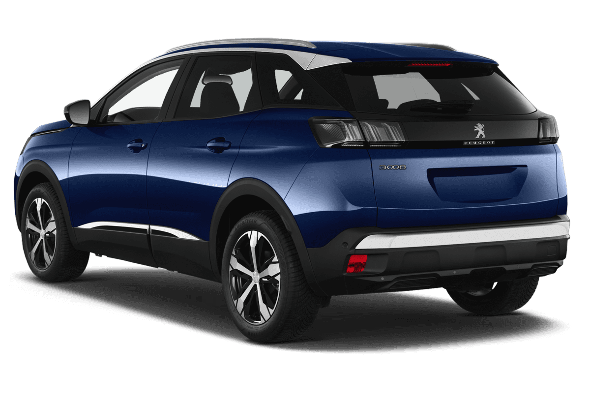 Schräge Heckansicht eines Peugeot 3008 Roadtrip Plug-In-Hybrid, freigestellt