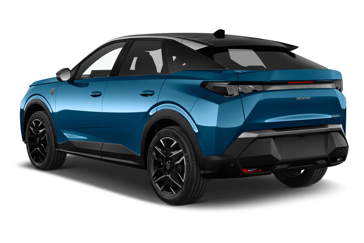 Schräge Heckansicht eines Peugeot 3008 Plug-In-Hybrid , freigestellt