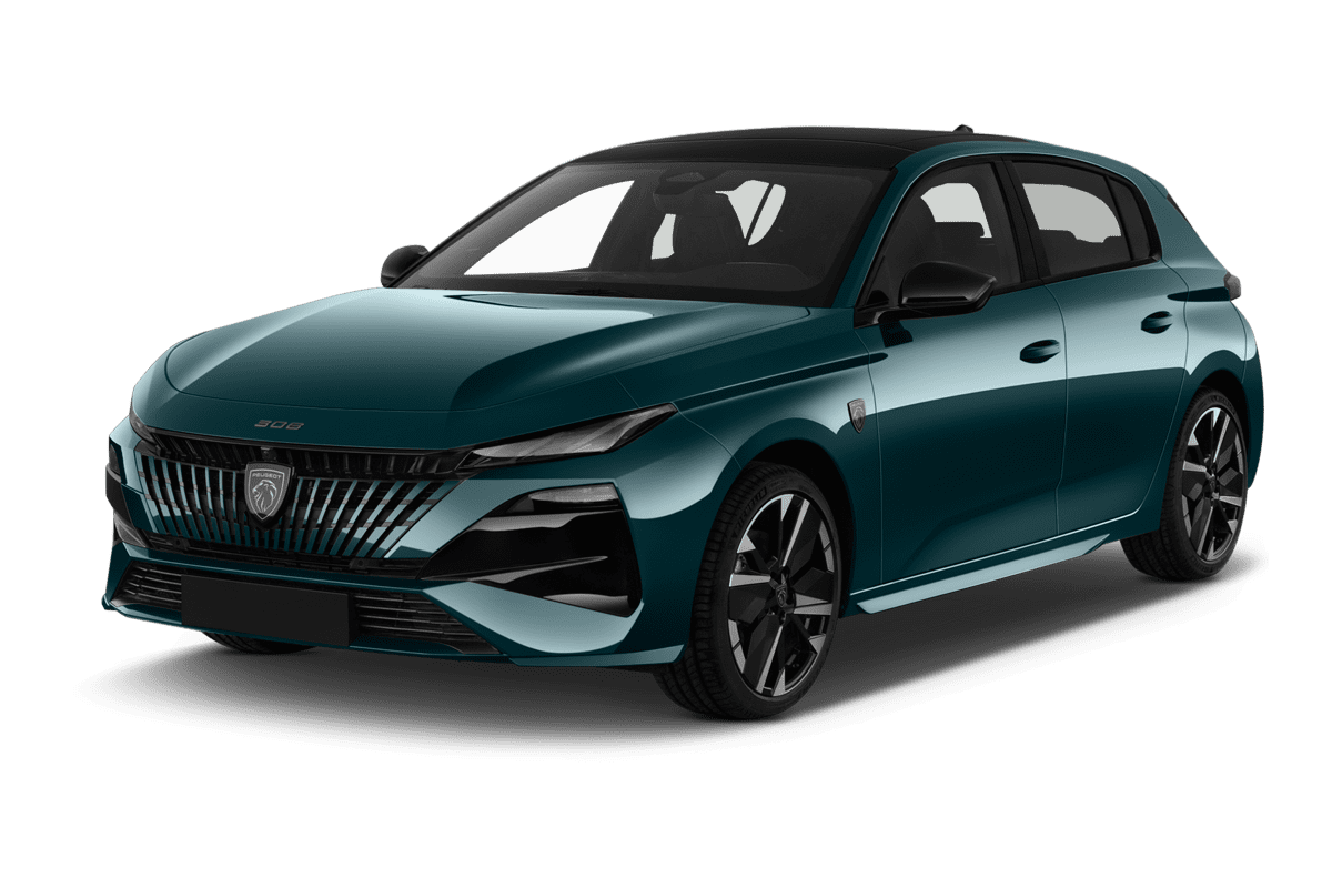 Schräge Frontansicht eines Peugeot 308 Plug-In-Hybrid, freigestellt