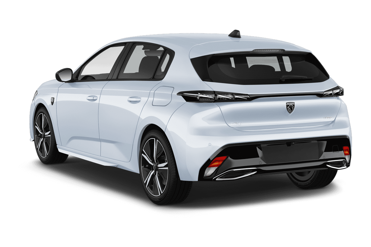 Schräge Heckansicht eines Peugeot 308 Plug-In-Hybrid, freigestellt