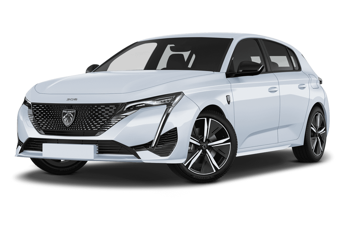 Tiefe, schräge Heckansicht eines Peugeot 308 Plug-In-Hybrid, freigestellt