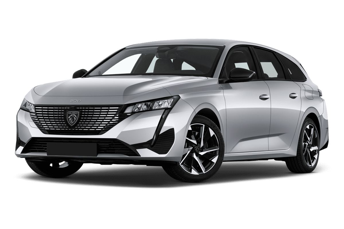 Tiefe, schräge Heckansicht eines Peugeot 308 SW Plug-In-Hybrid, freigestellt