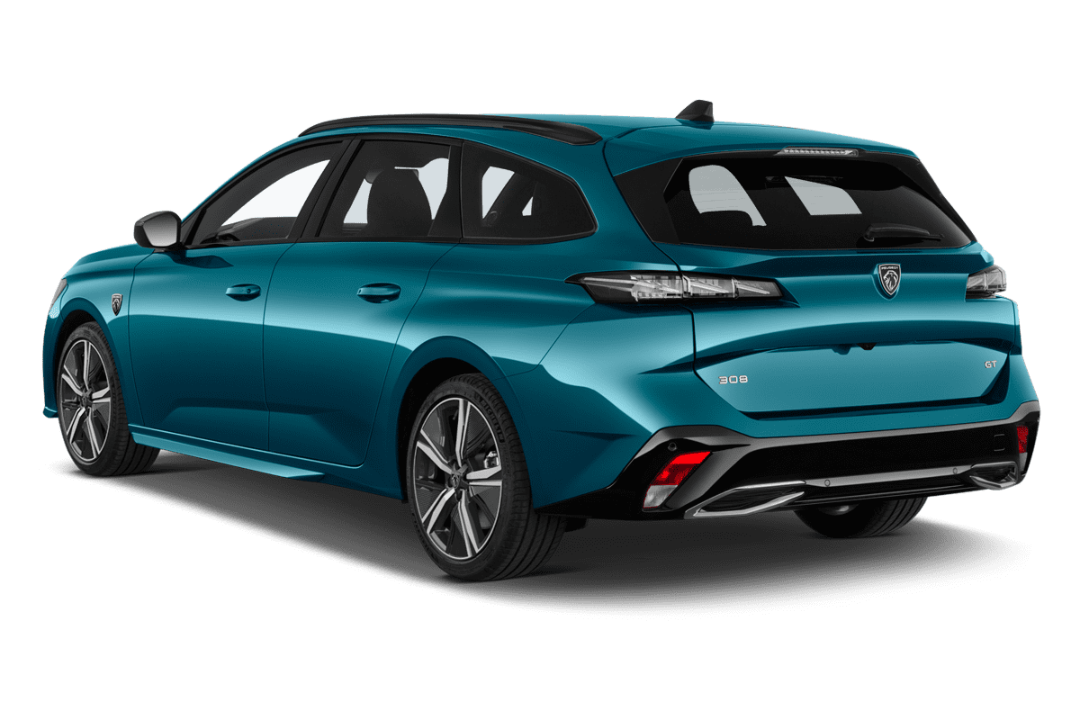 Schräge Heckansicht eines Peugeot 308 SW, freigestellt