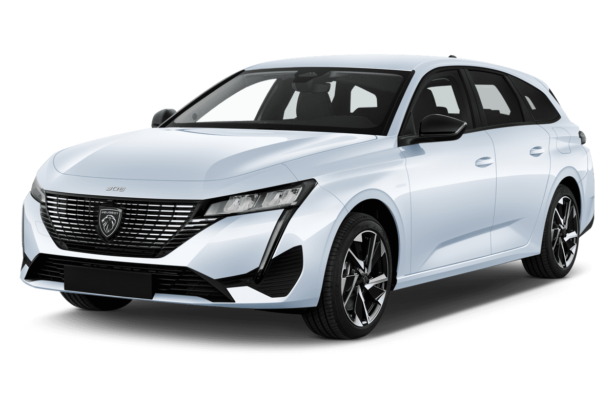 Schräge Frontansicht eines Peugeot 308 SW Hybrid, freigestellt