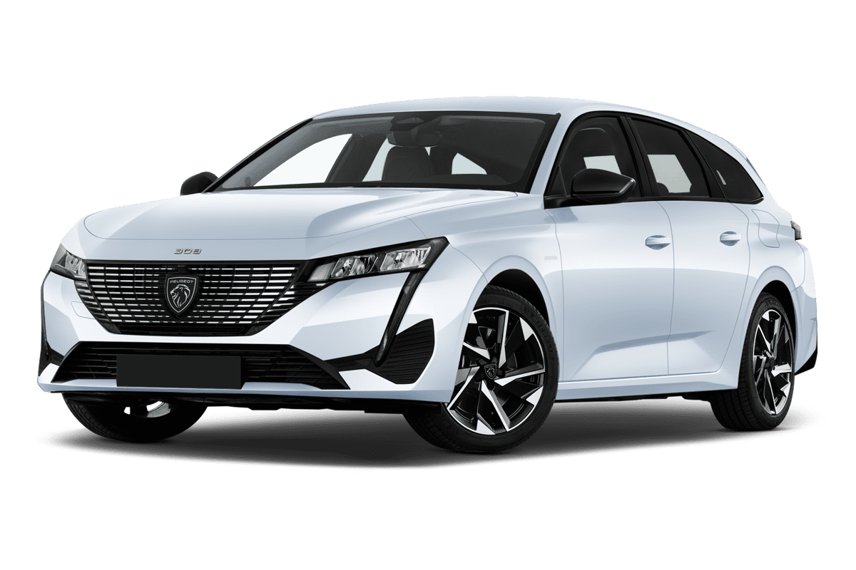 Tiefe, schräge Heckansicht eines Peugeot 308 SW Hybrid, freigestellt