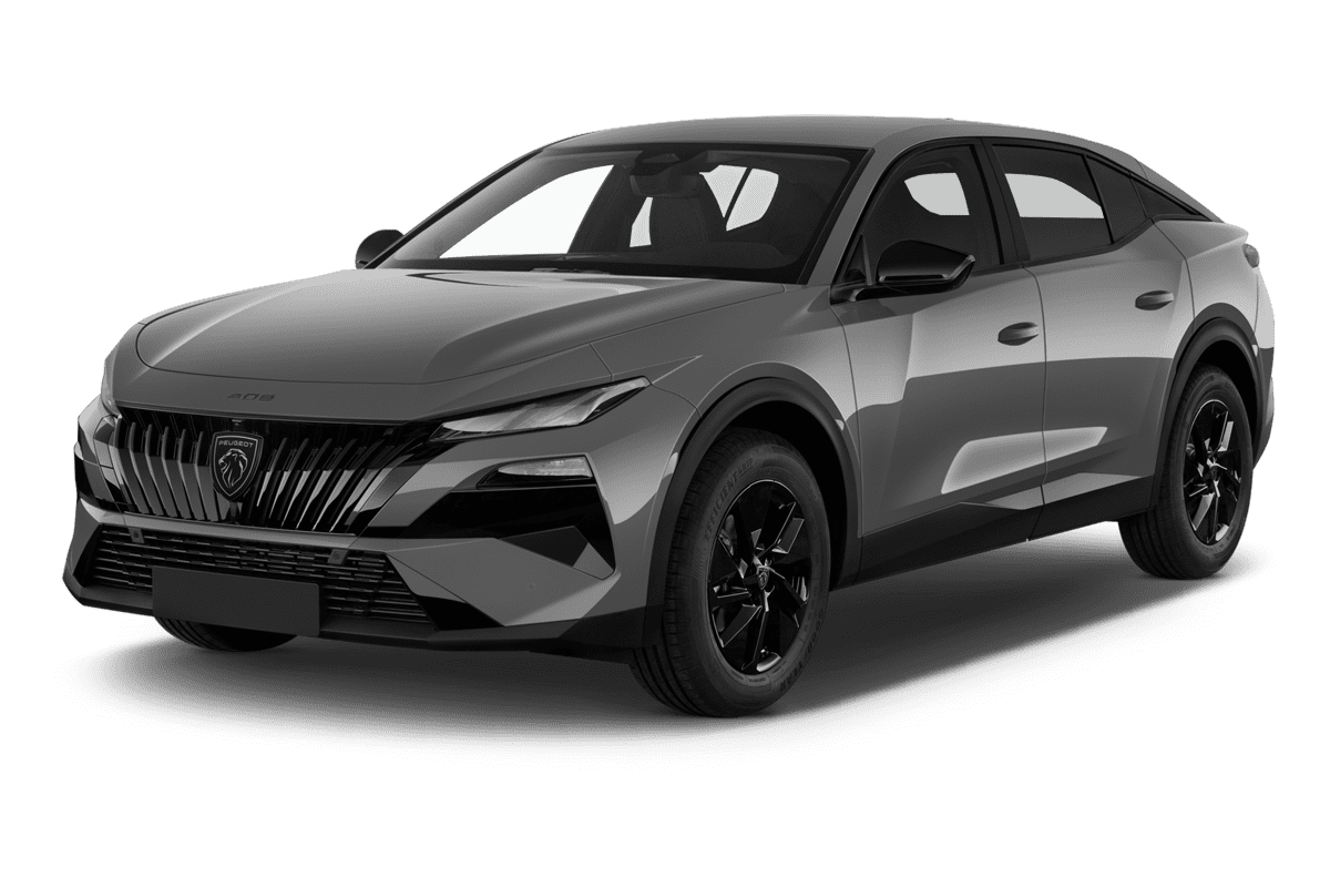 Schräge Frontansicht eines Peugeot 408 Hybrid, freigestellt