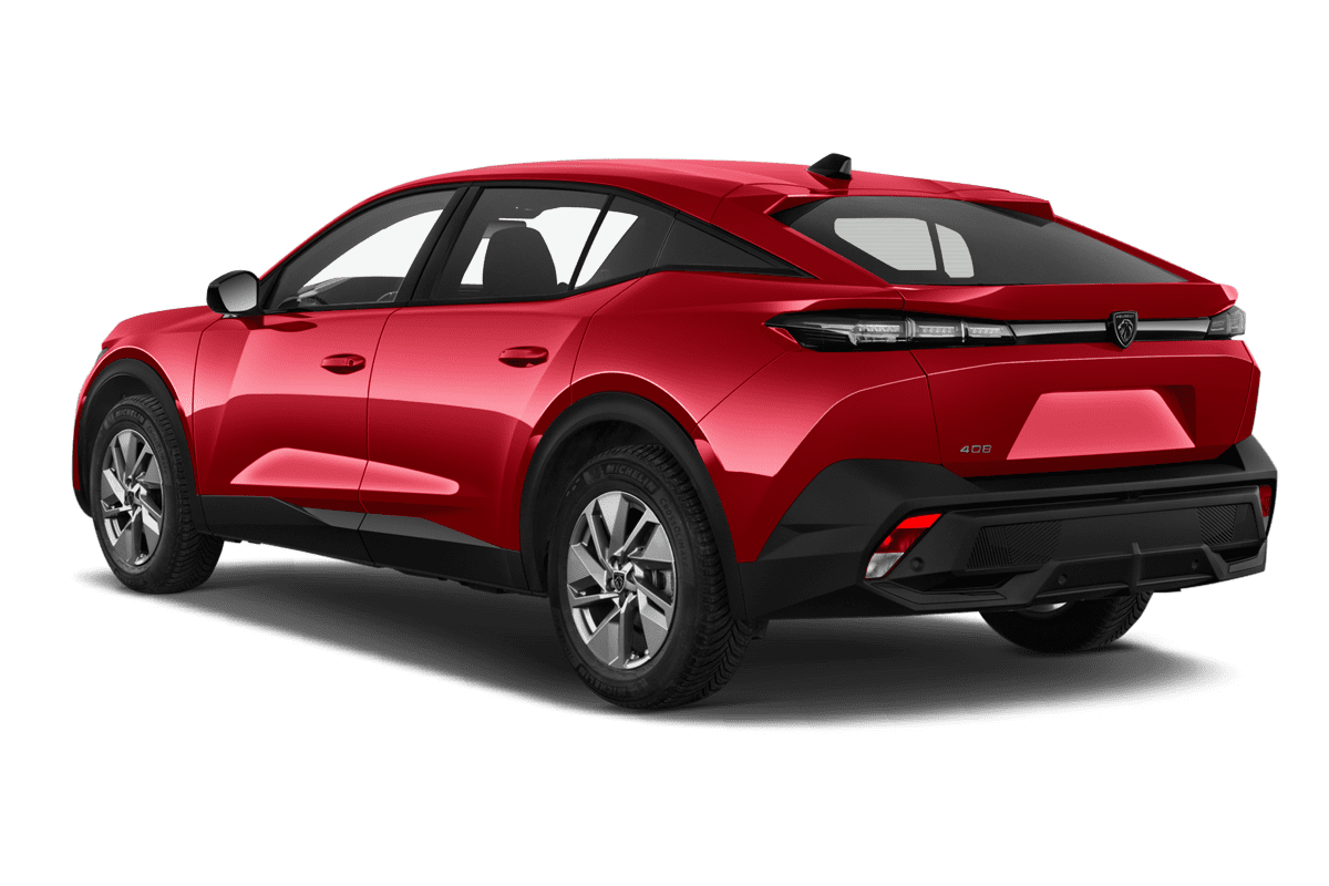 Schräge Heckansicht eines Peugeot 408 Hybrid, freigestellt
