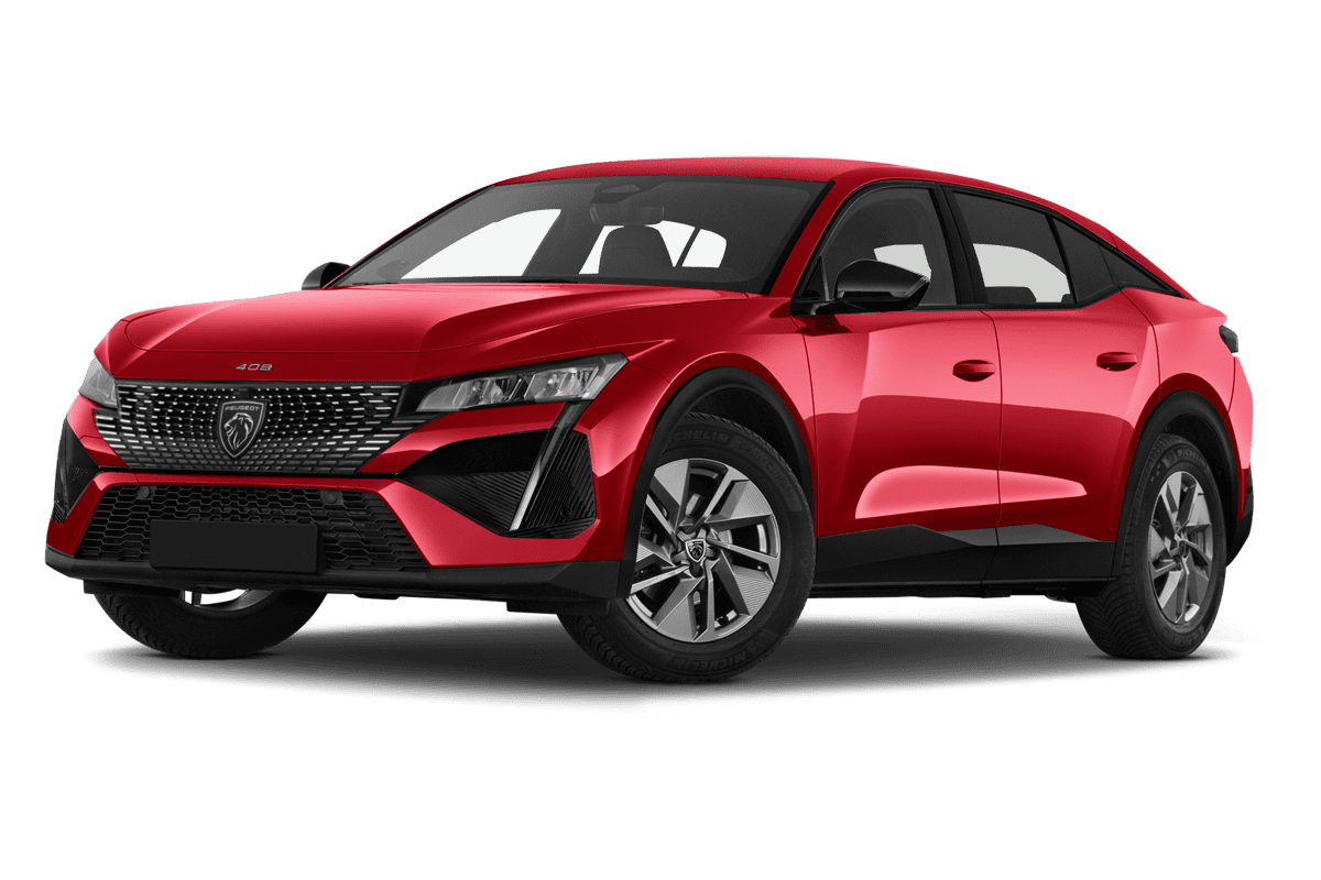 Tiefe, schräge Heckansicht eines Peugeot 408 Hybrid, freigestellt