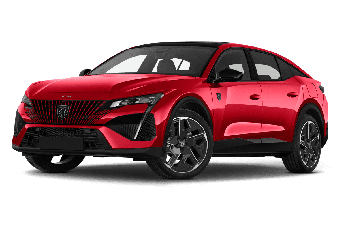 Tiefe, schräge Heckansicht eines Peugeot 408 Plug-in-Hybrid, freigestellt