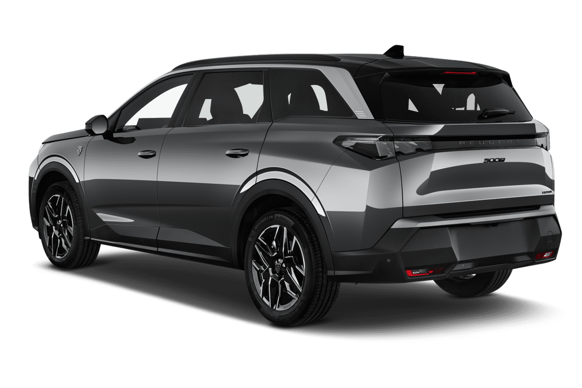 Schräge Heckansicht eines Peugeot 5008 Hybrid, freigestellt