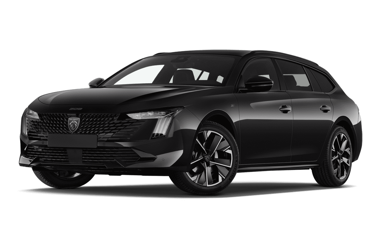 Tiefe, schräge Heckansicht eines Peugeot 508 SW PSE, freigestellt