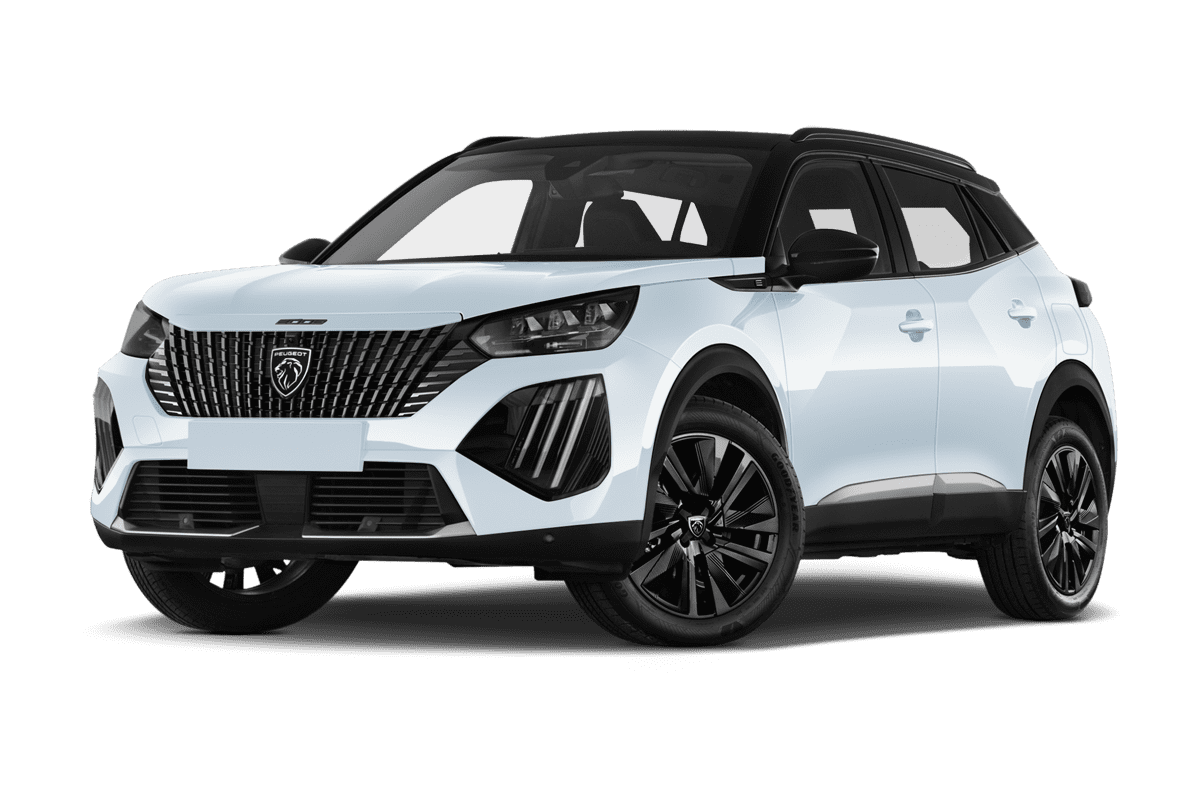 Tiefe, schräge Heckansicht eines Peugeot e-2008, freigestellt