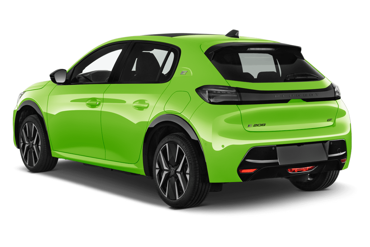 Schräge Heckansicht eines Peugeot e-208, freigestellt