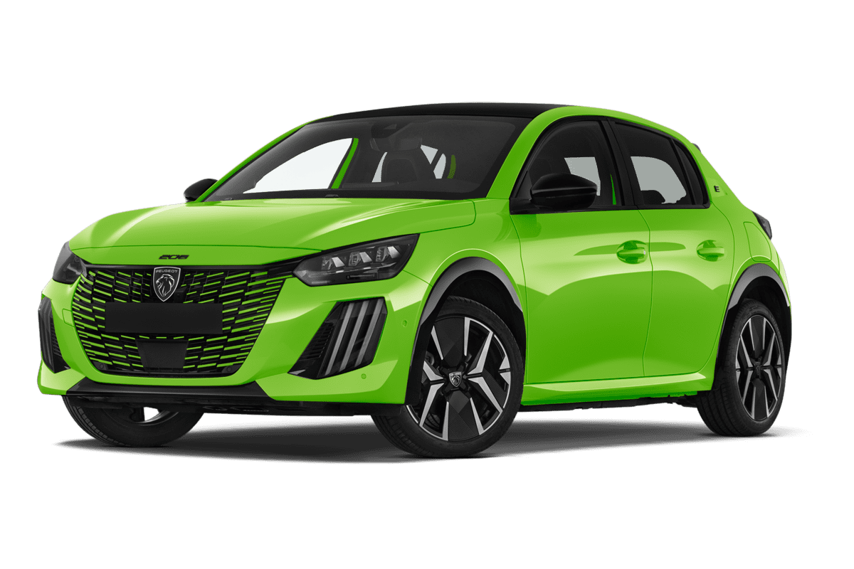 Tiefe, schräge Heckansicht eines Peugeot e-208, freigestellt