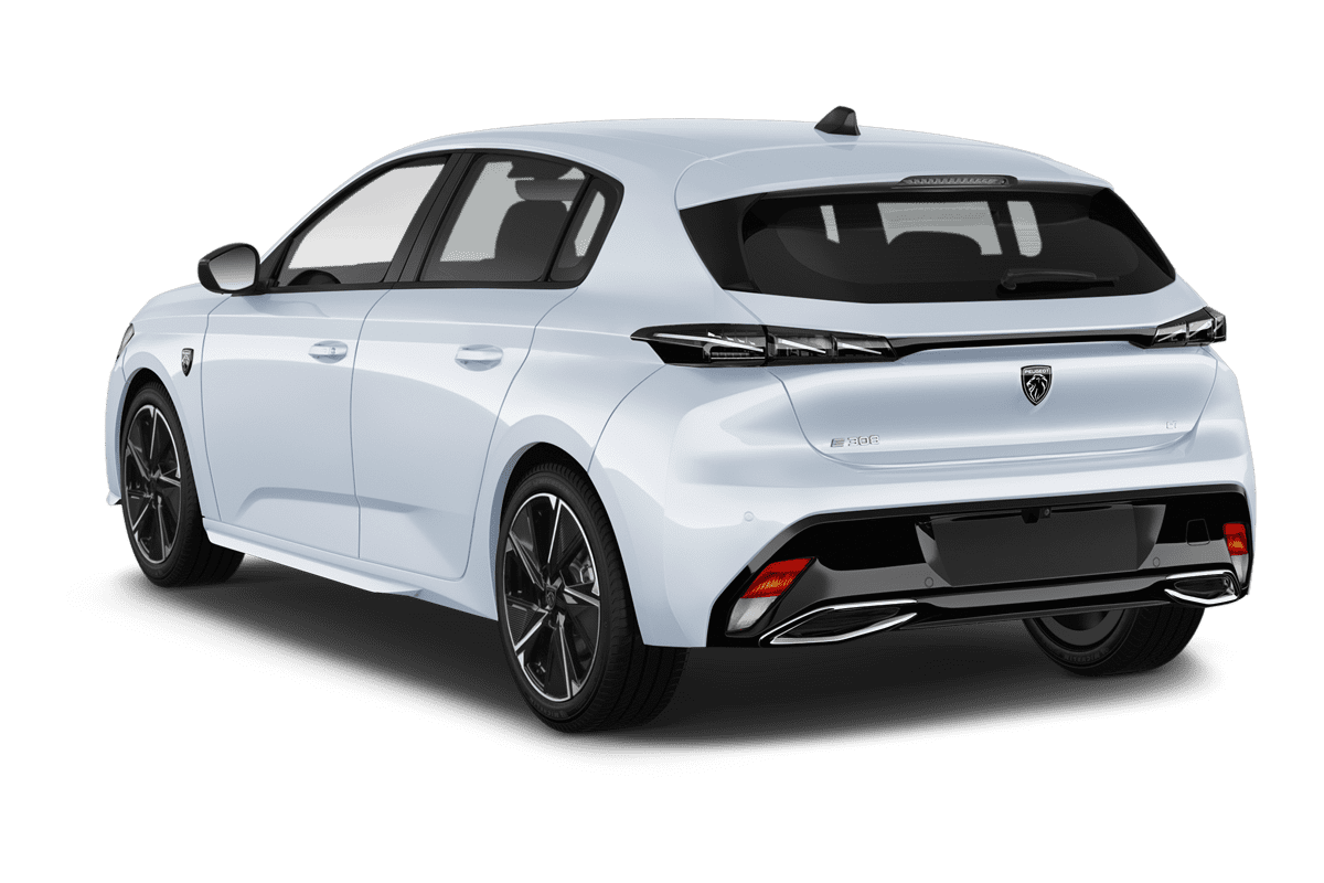 Schräge Heckansicht eines Peugeot e308, freigestellt