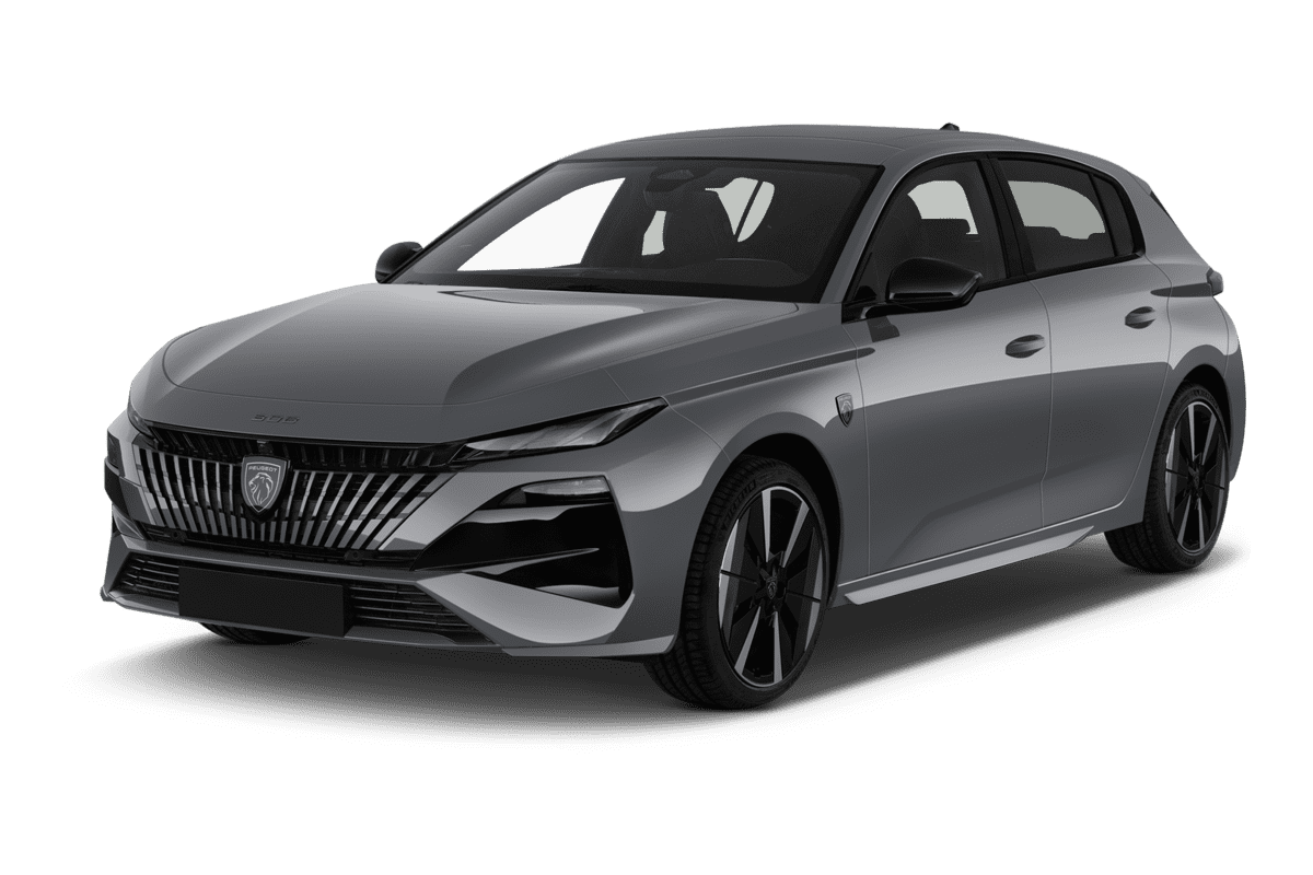 Schräge Frontansicht eines Peugeot e308, freigestellt