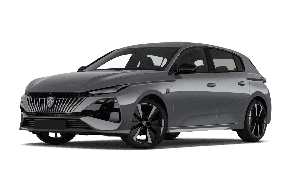 Tiefe, schräge Heckansicht eines Peugeot e308, freigestellt