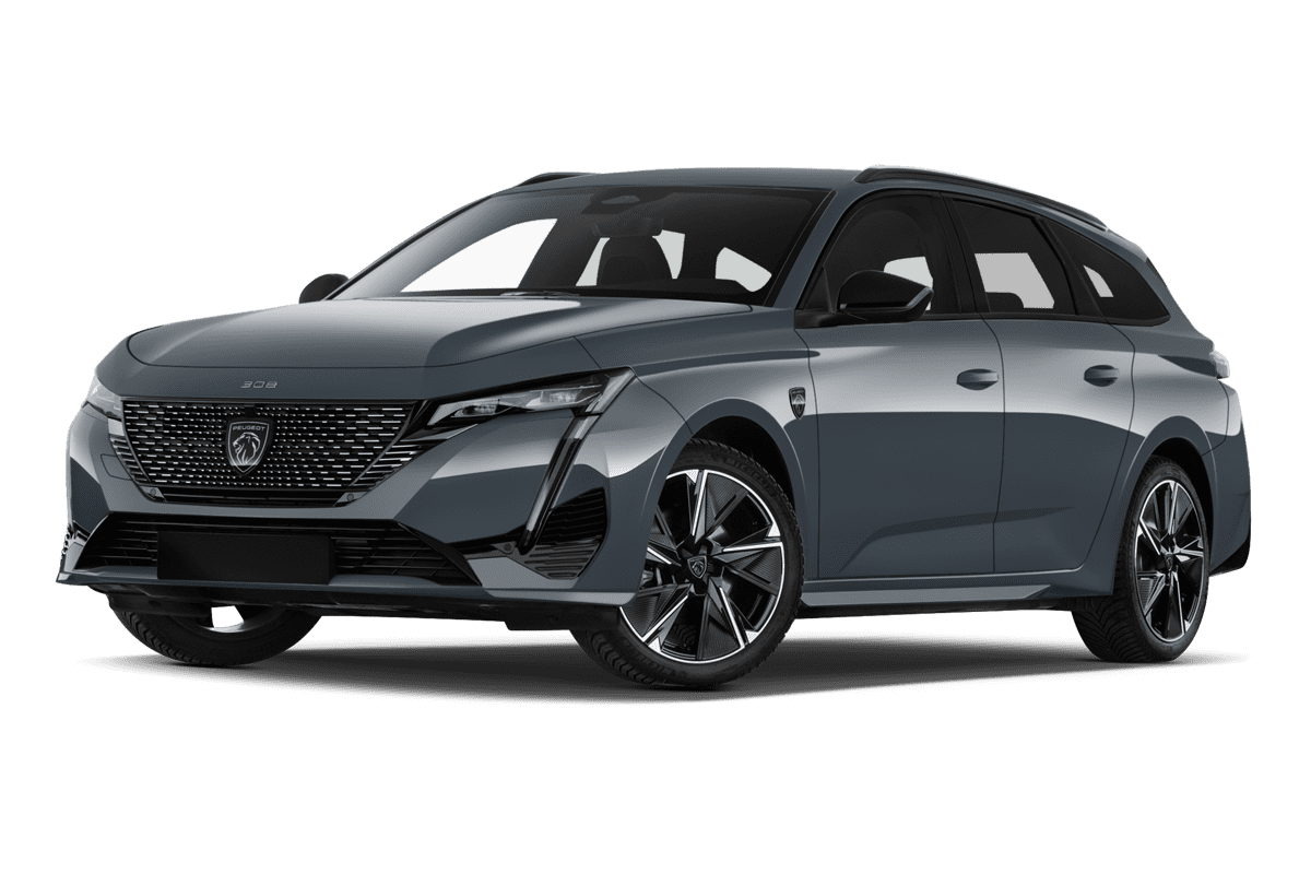 Tiefe, schräge Heckansicht eines Peugeot e308 SW, freigestellt