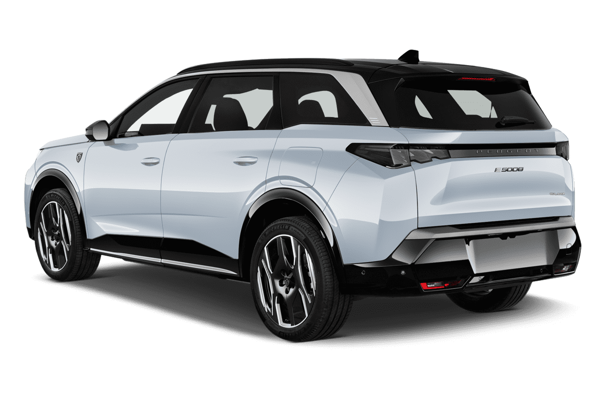 Schräge Heckansicht eines Peugeot e-5008 , freigestellt (KI-generiert)