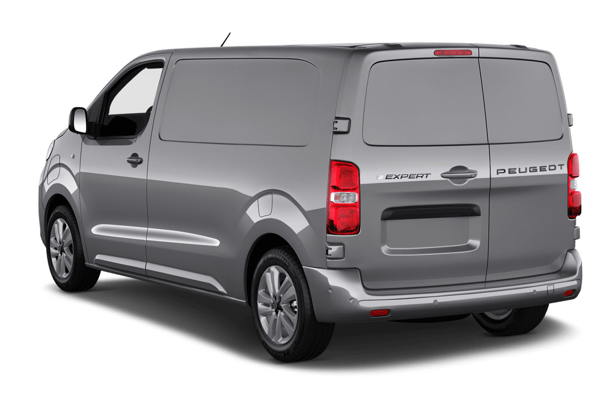 Schräge Heckansicht eines Peugeot E-Expert Kastenwagen , freigestellt