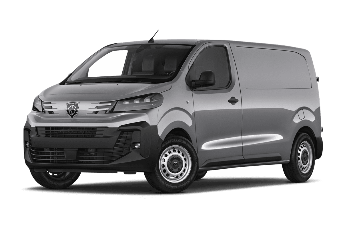 Tiefe, schräge Heckansicht eines Peugeot Expert Kastenwagen, freigestellt