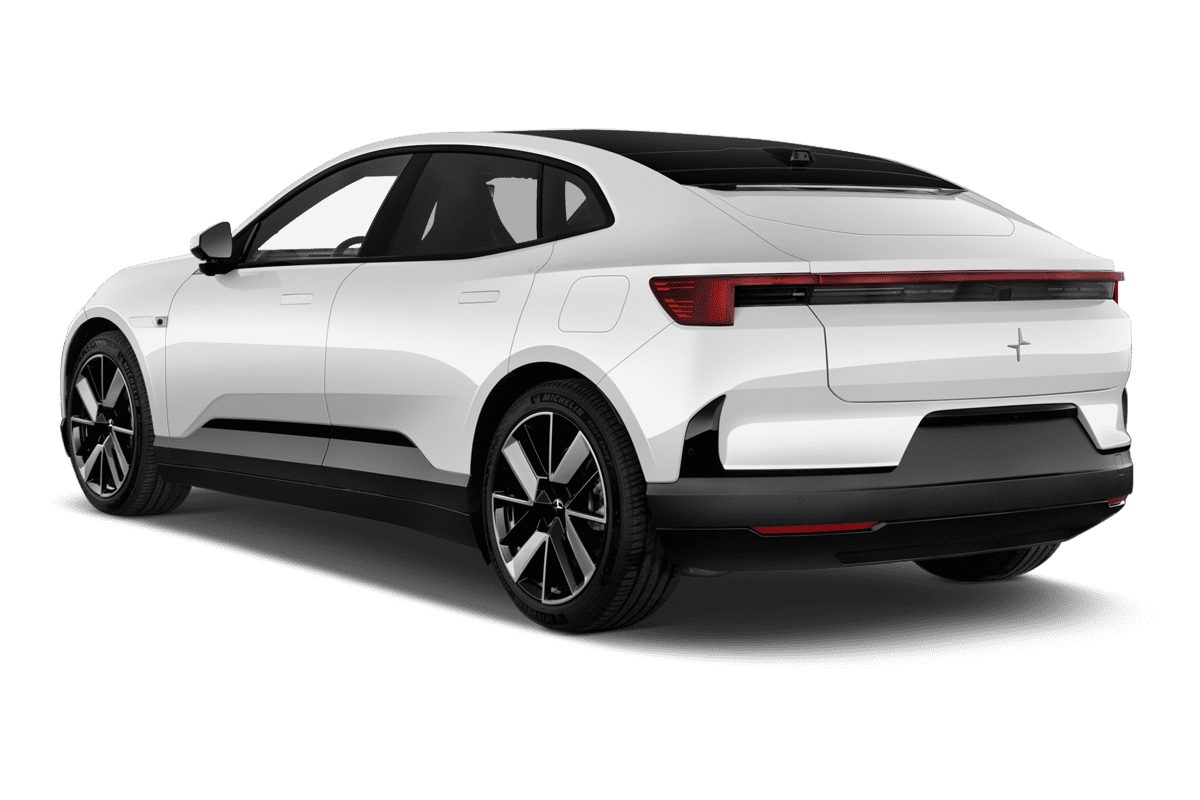 Schräge Heckansicht eines Polestar 4, freigestellt