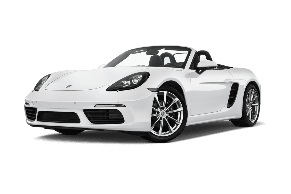 Tiefe, schräge Heckansicht eines Porsche 718 Boxster, freigestellt