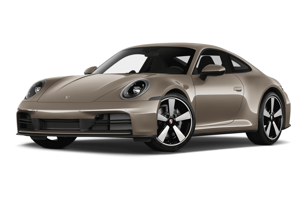 Tiefe, schräge Heckansicht eines Porsche 911, freigestellt (KI-generiert)