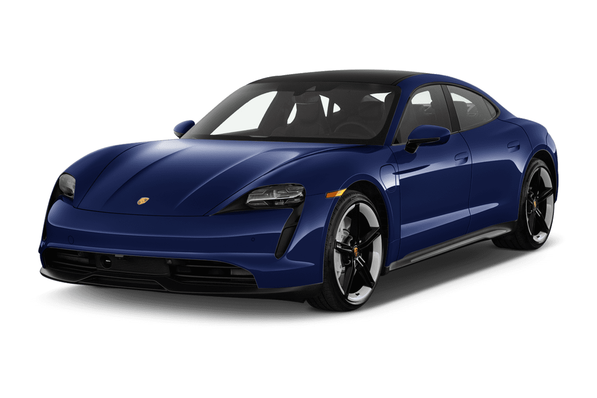 Schräge Frontansicht eines Porsche Taycan, freigestellt