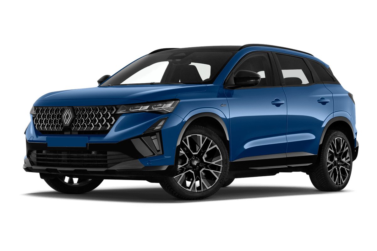 Tiefe, schräge Heckansicht eines Renault Austral Hybrid, freigestellt