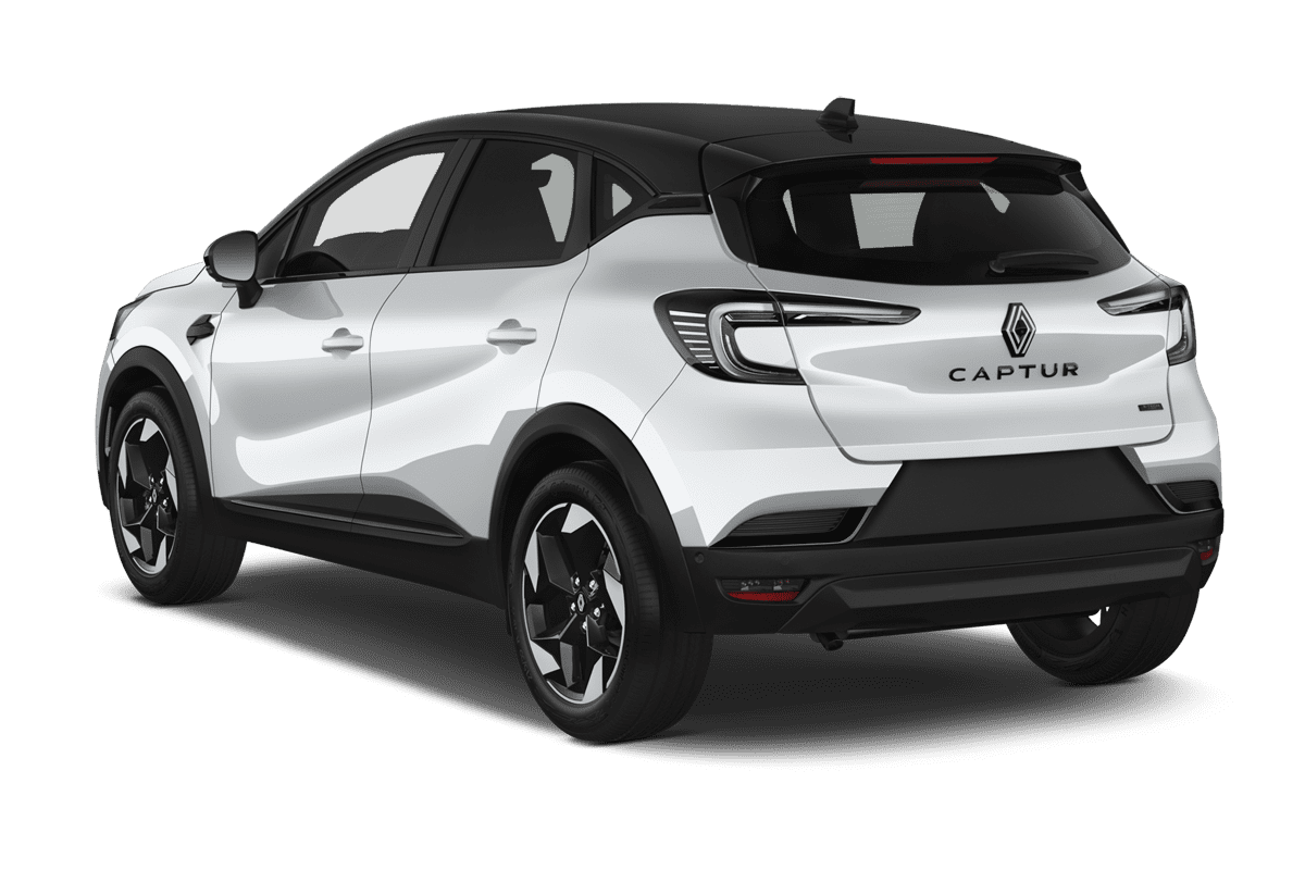 Schräge Heckansicht eines Renault Captur Hybrid , freigestellt