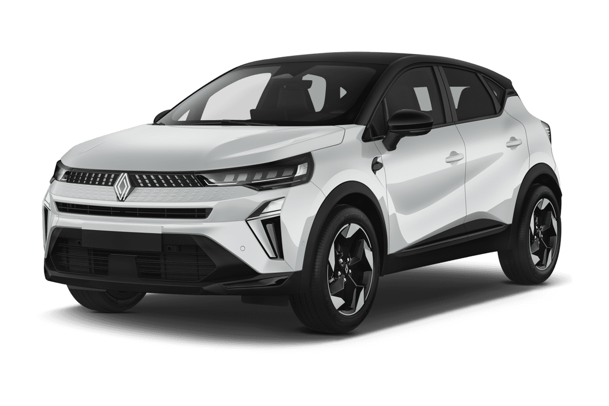 Schräge Frontansicht eines Renault Captur Hybrid , freigestellt