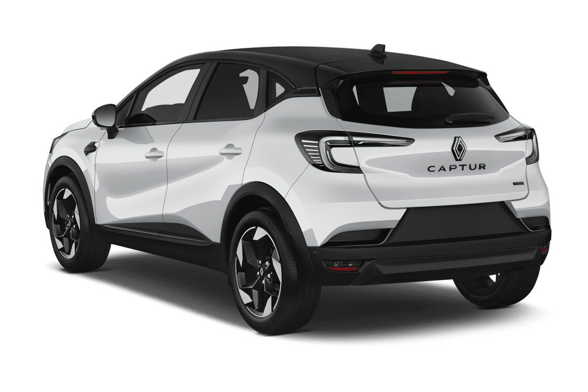 Schräge Heckansicht eines Renault Captur Hybrid , freigestellt