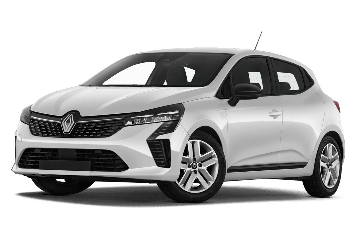 Tiefe, schräge Heckansicht eines Renault Clio (neues Modell), freigestellt