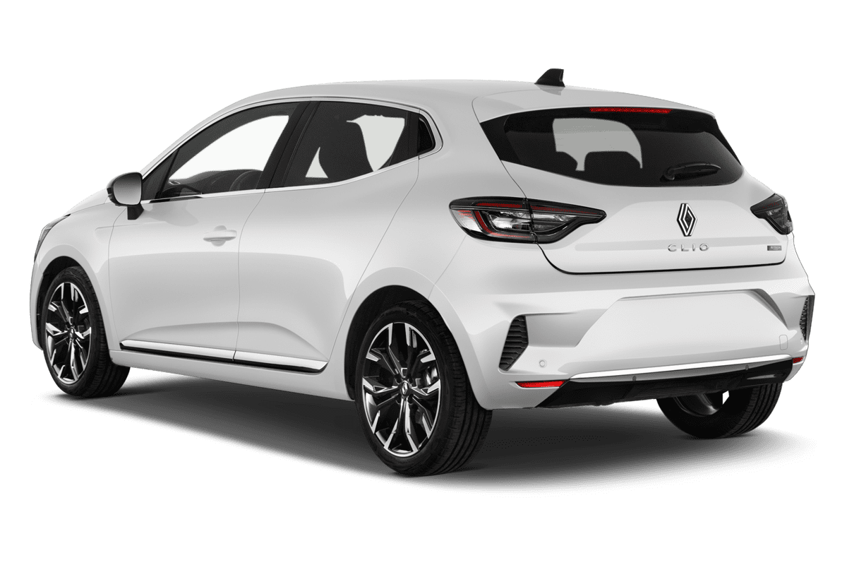 Schräge Heckansicht eines Renault Clio Hybrid (neues Modell), freigestellt